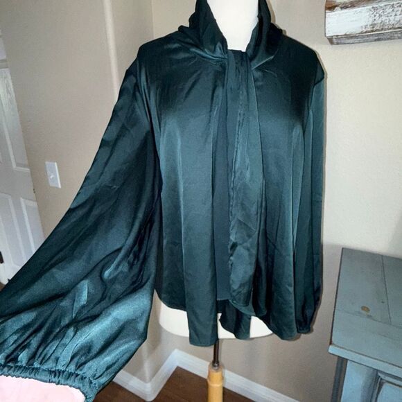 NWT Anne Klein Womens Satin Tie Neck Bow Long Sleeve Blouse Emerald Green XL - Picture 5 of 14